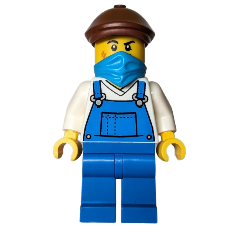 Train Driver, Blue Overalls, Mask, Reddish Brown Cap