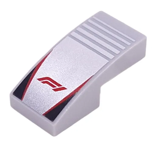 Brick Curved 2 x 1 No Studs with Red 'F1', Red Lines, Black Triangles on Silver Striped Background Print