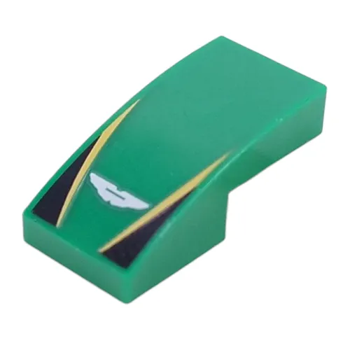 Brick Curved 2 x 1 No Studs with White Aston Martin Logo, Yellow Lines, Black Triangles Print