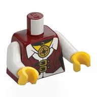 Torso, Jacket, Gold Clasps, Black Necklace with Compass Pendant, White Shirt, Yellow Chest Print, White Arms, Yellow Hands