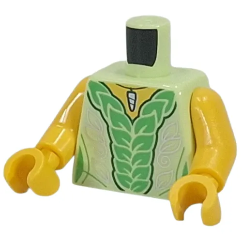 Torso, Dress, Green Leaves as Ruffles, Silver Decorations, Pendant Print, Yellow Arms and Hands