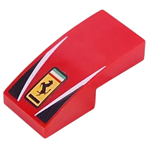 Brick Curved 2 x 1 No Studs with Ferrari Logo, White Lines, Black Triangles Print