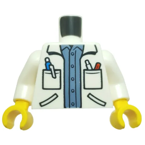 Torso, Doctor Coat, Pockets with Pens, Medium Blue Shirt Print, White Arms, Yellow Hands