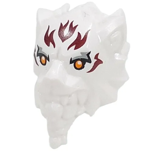 Minifig Head Special Lion/Tiger with Orange Eyes, Black/Light Bluish Grey Eyeshadow, Dark Red Flames Print