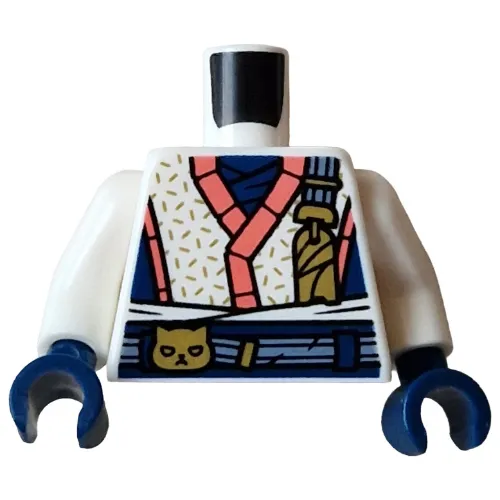Torso, Ninja Robes, Dark Blue/Coral Trim, Dark Blue Belt, Gold Cat Print, White Arms, Dark Blue Hands