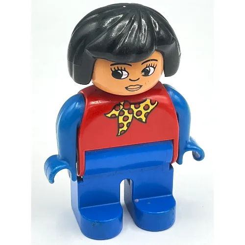 Duplo Figure, Early, Hair Bob Black, Blue Legs and Arms, Yellow Scarf with Red Dots, White Eyes Print
