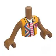 Minidoll Torso Boy with Medium Nougat Arms and Hands with Bright Light Orange Shirt, Dark Purple/Dark Turquoise/White/Coral Decorations, White/Coral Shirt Print