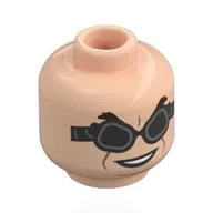 Minifig Head Doc Ock, Black Google, Dark Brown Eyebrows, Open Mouth Mean Smile / Worried