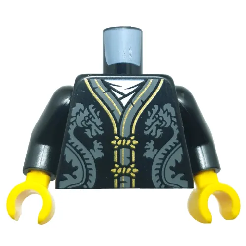 Torso, Robe, Dark Bluish Grey/Gold Trim, Dark Bluish Grey Dragons on Front, Gold Dragon on Back Print, Black Arms, Yellow Hands