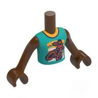 Minidoll Torso Boy with Reddish Brown Arms and Hands with Dark Turquoise Shirt, Orange Collar, Motorcycle Print