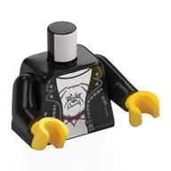 Torso Leather Jacket, White Trim, White Shirt with Bulldog Print, Black Arms, Yellow Hands