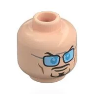 Minifig Head Tony Stark, Black Eyebrows, Moustache, Beard, Raised Eyebrow / Black Glasses with Bright Light Blue Lenses