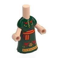 Microdoll Body Long Dress Dark Green with Red/Gold Sash, Birds Print