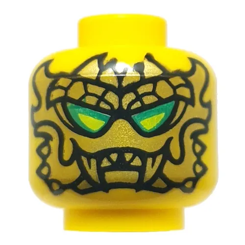 Minifig Head Loyalist Leader, Gold Mask, Lime/Dark Green Eyes / Black Glasses with Lime Lenses, Coral Lips, Gold Markings, Smirk