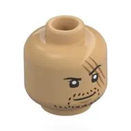 Minifig Head Shanks, Dark Red Stubbled Beard, Large Scar, Raised Eyebrow Smirk / Angry