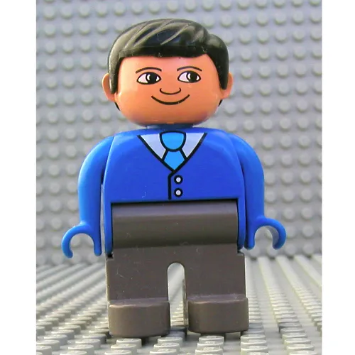 Duplo Figure, Early, with Short Parted Hair Black, Dark Gray Legs, White Shirt, Light Blue Tie Print