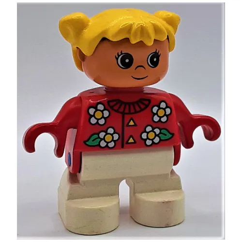 Duplo Figure, Early Child, with Pigtails Yellow, White Legs, White and Yellow Flowers Print