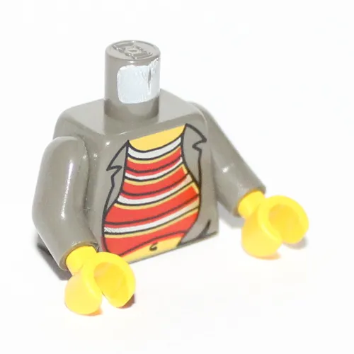 Torso Open Shirt with Red and Silver Striped Undershirt and Navel Print, Dark Gray Arms, Yellow Hands