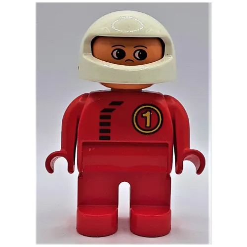 Duplo Figure, Early, Helmet White, Red Legs, Black Zipper and '1' Print