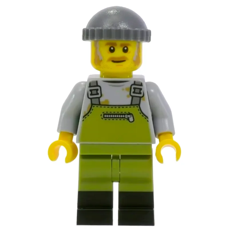 Light Bluish Grey Torso, Olive Green Overall. Dark Bluish Grey Cap