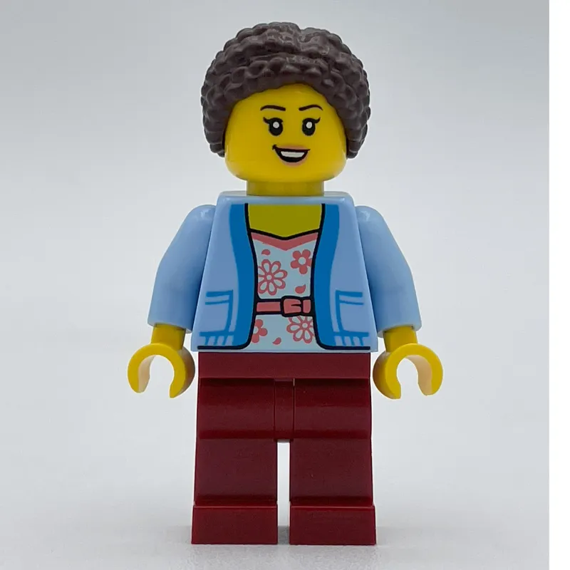 Woman, Bright Light Blue Cardigan, Dark Red Legs