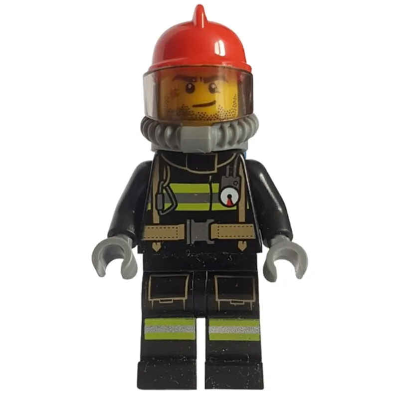 Fireman, Black Fire Suit with Gauge and Straps, Red Helmet, Breathing Apparatus, Airtanks, Stubble and Scar