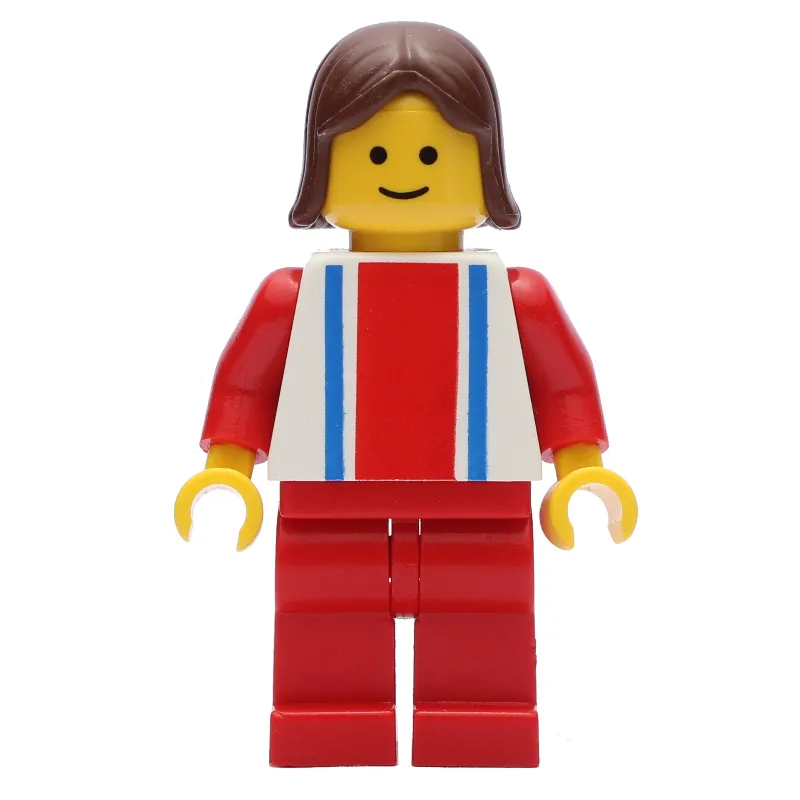 Woman, White Top with Large Red Stripe and 2 Blue Stripes, Red Legs, Brown Hair