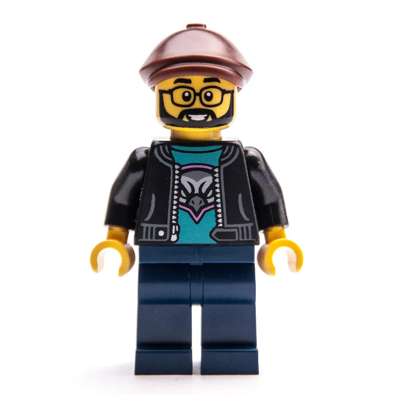 Man, Black Jacket, Dark Blue Legs, Reddish Brown Flat Cap