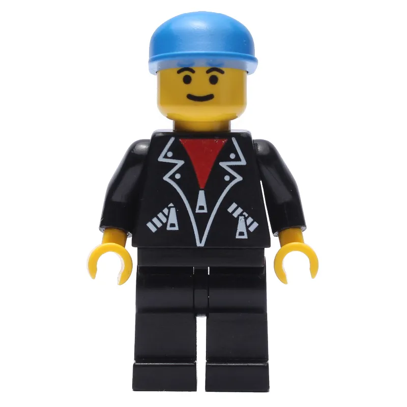 Man, Open Black Jacket over Red Shirt, Black Legs, Blue Cap