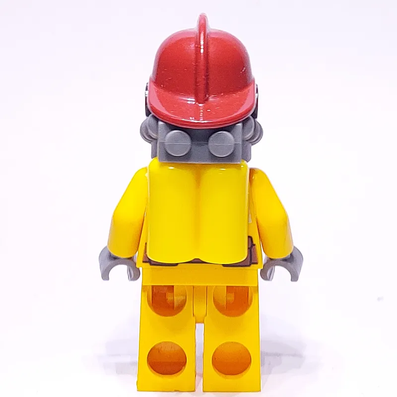 Fireman, Bright Light Orange Fire Suit, Dark Red Helmet, Breathing Apparatus, Airtanks, Sweat Drops