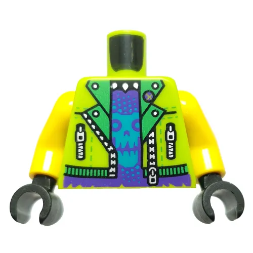 Torso, Jacket, Bright Green Collar, Zippers, Dark Purple Shirt Shirt, Azure Skull print, Yellow Arms, Black Hands
