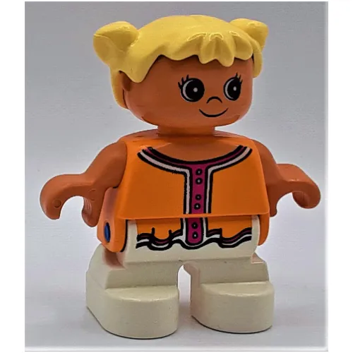 Duplo Figure, Early Child, with Pigtails Light Yellow, White Legs, Dark Pink Collar and Buttons Print