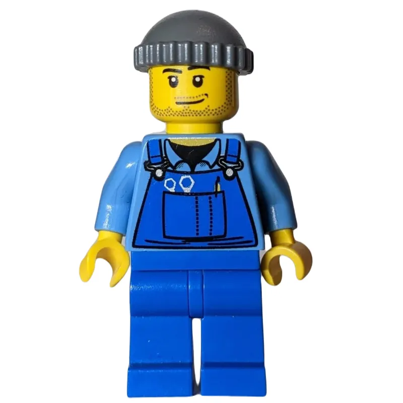 Man, Blue Overalls over Shirt, Blue Legs, Dark Bluish Gray Hat, Stubble