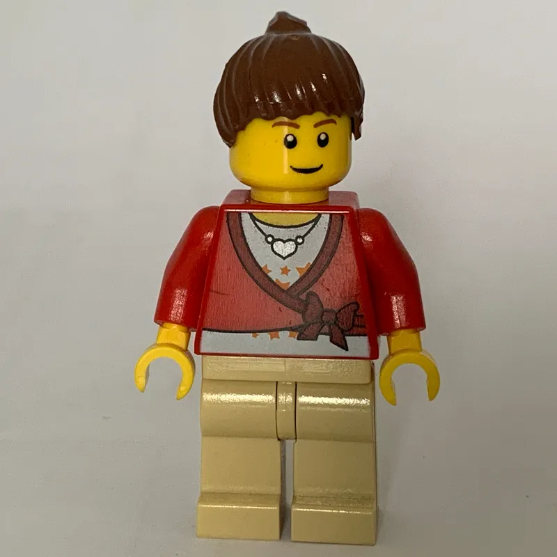 Woman - Red Sweater, Tan Legs, Reddish Brown Hair, Brown Eyebrows