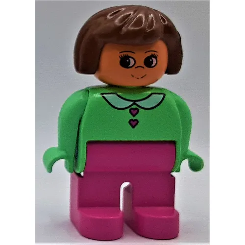 Duplo Figure, Early, Hair Bob Brown, Medium Dark Pink Legs, White Collar and Heart Buttons Print