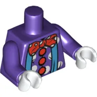 Torso Clown with Aqua Suspenders over Polka-Dot Shirt with Red Buttons, Large Red Bow Tie Print, Dark Purple Arms, White Hands