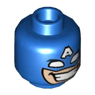 Minifig Head Captain America, White Eye and 'A' on Forehead, Wide Grin with Teeth Print [Hollow Stud]