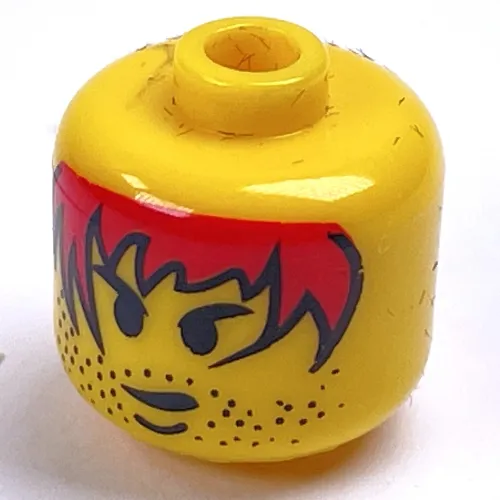 Pen Bead, Round Large, Curved Edges / Cylinder with Minifig Head with Red Hair Print