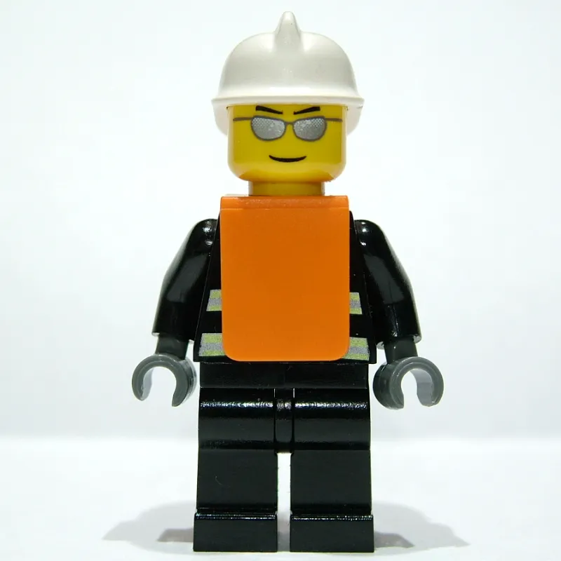 Fireman, Black Fire Jacket with Reflective Stripes, Radio, and Badge, White Helmet, Orange Vest, Silver Sunglasses