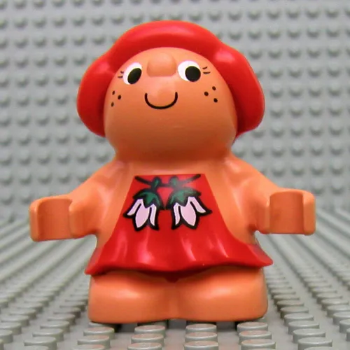 Duplo Figure Little Forest Friend Female, Red Dress with Two White Flowers Print (Sugar Strawberry)