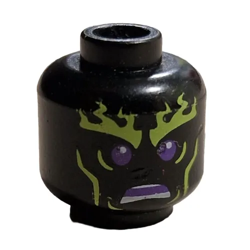 Minifig Head Wooo, Yellowish Green Flaming Eyebrows, Cheek Lines, Dark Purple Eyes and Open Mouth Print [Hollow Stud]