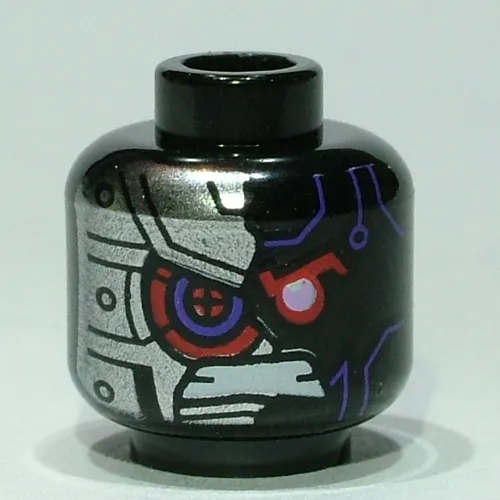 Minifig Head Nindroid, Dark Purple Lines, Red Eye, Gritted Teeth, Silver Armored Right Side / Silver Armored Left Side Print