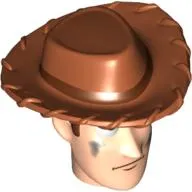 Minifig Head Special with Dark Orange Cowboy Hat and Dirt Patches Print (Woody)