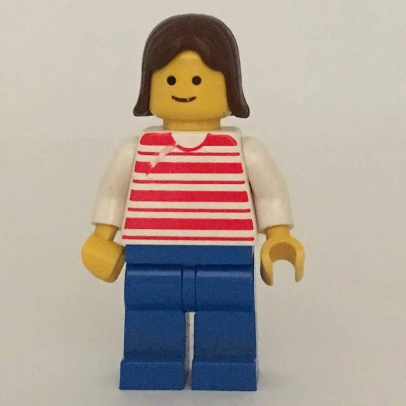 Woman, Red and White Striped Shirt, Blue Legs, Brown Hair