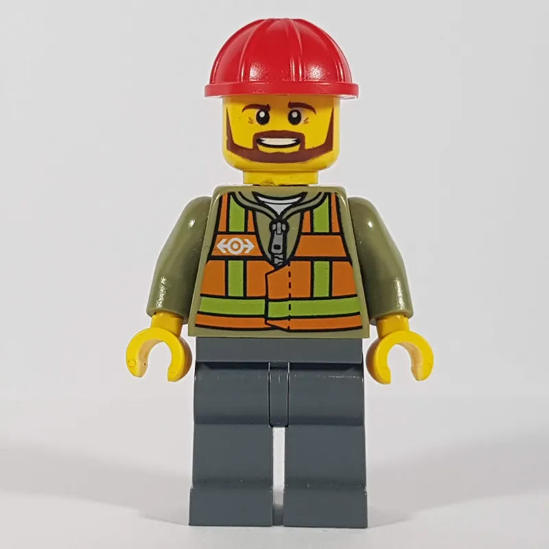 Train Worker, Orange Safety Vest with Train Logo over Olive Green Hoodie, Dark Bluish Gray Legs, Red Hard Hat, Brown Beard