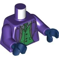Torso Jacket, Dark Tan Lapels, open over Green Vest, Tie, Silver and Sand Blue Shirt Print, Dark Purple Arms, Dark Blue Hands