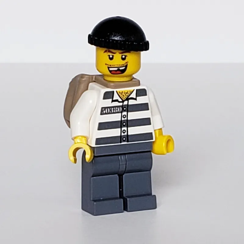 Criminal, Prison Shirt with #50380, Dark Bluish Gray Legs, Black Hat, Dark Tan Back Pack, Open Mouth