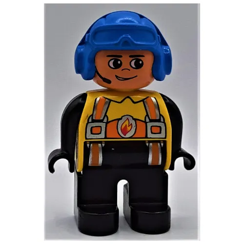 Duplo Figure, Early, Aviator Hat Blue, Black Legs, Orange Harness with Fire Badge, Headset Print