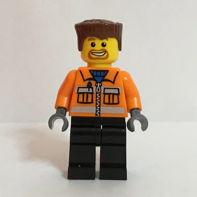 Construction Worker, Orange Jacket with Zipper and Reflective Stripes, Black Legs, Reddish Brown Hair, Goatee Beard