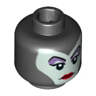 Minifig Head Maleficent, Balaclava, Light Aqua Face, Medium Lavender Eye Shadow, Pointed Eyebrows, Red Lips Print